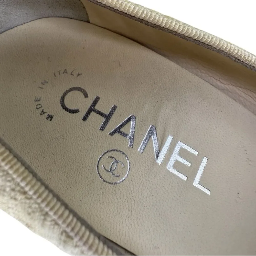 LIKE NEW CHANEL Cream and Yellow Linen Cap Toe Pumps IT37